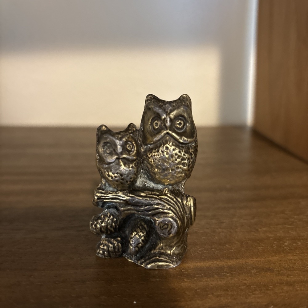 Vintage Miniature Solid Brass‎ Owl Pair Figurine 2.25" Tall Candle Holder Mama